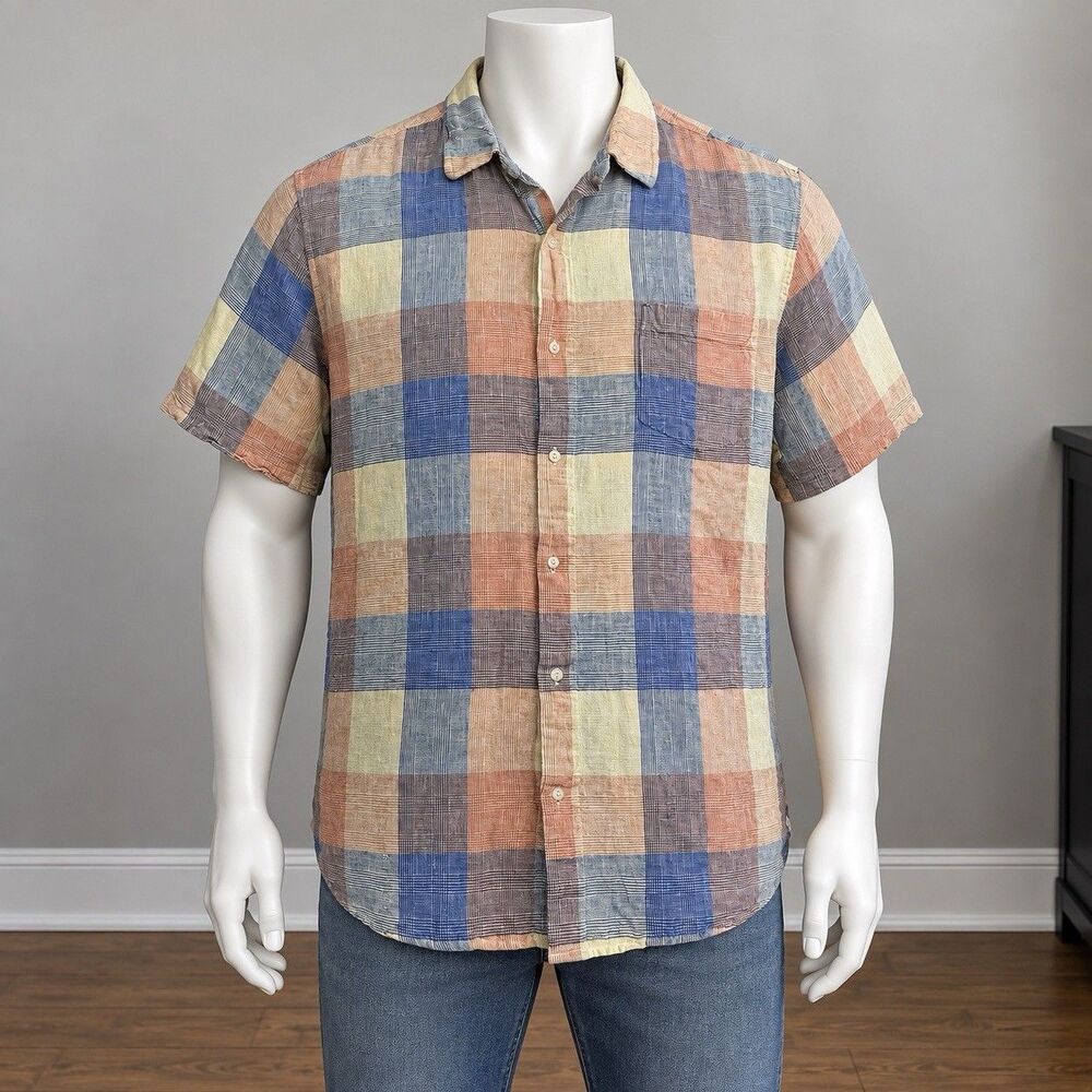 CHAPS Coastland Wash Shirt Mens 3XLT Plaid Short Sleeve Coastal Linen Blend
